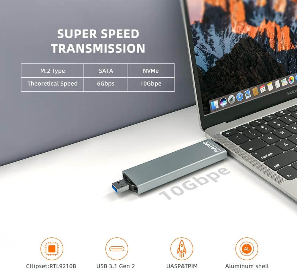 MAIWO M.2 NVME/SATA SSD Enclosure Adapter Reader,USB 3.0&Type-C ,NVMe 10GBps, SATA 6GBps.Support M Key/B&M Key Solid Status Drive,Aluminum Shell