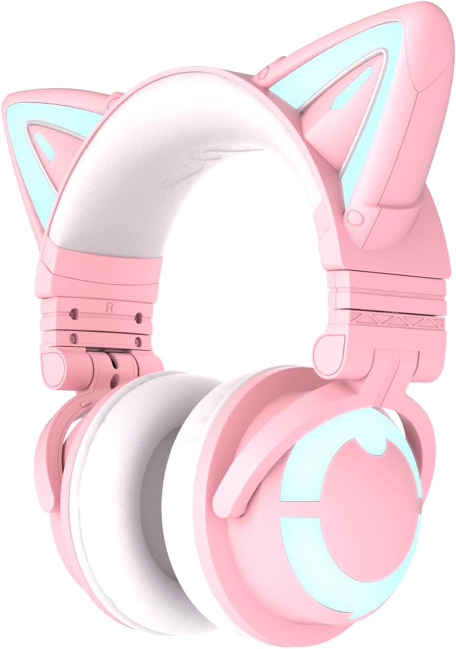 YOWU RGB Cat Ear Headphone 3G Wireless 5.0 Foldable Gaming Headset with 7.1 Surround Sound, Built-in Mic & Customizable Lighting and Effect via APP