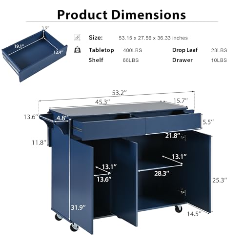55.7'' Large Kitchen Island with 2 Drop Leaf, Rolling Kitchen Cart on 5 Wheels with Power Outlet