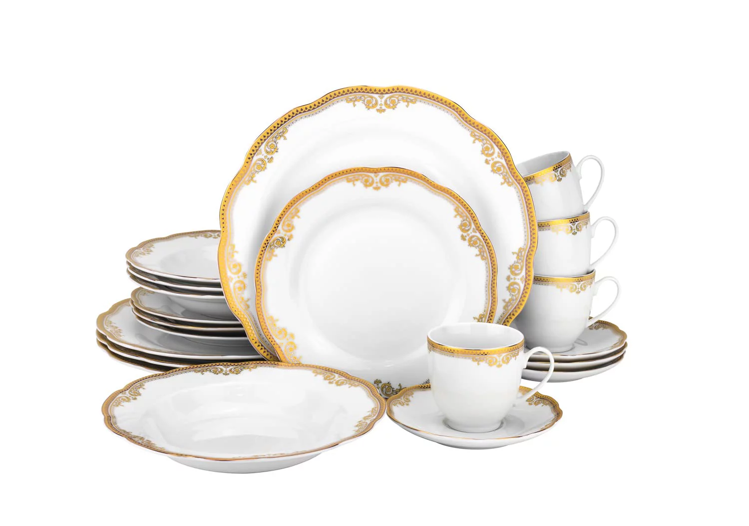 Euro Porcelain 57 piece Banquet Dinnerware Set with Scalloped Edges - Luxury Tableware Dining Service for 8 - Radiant Selections