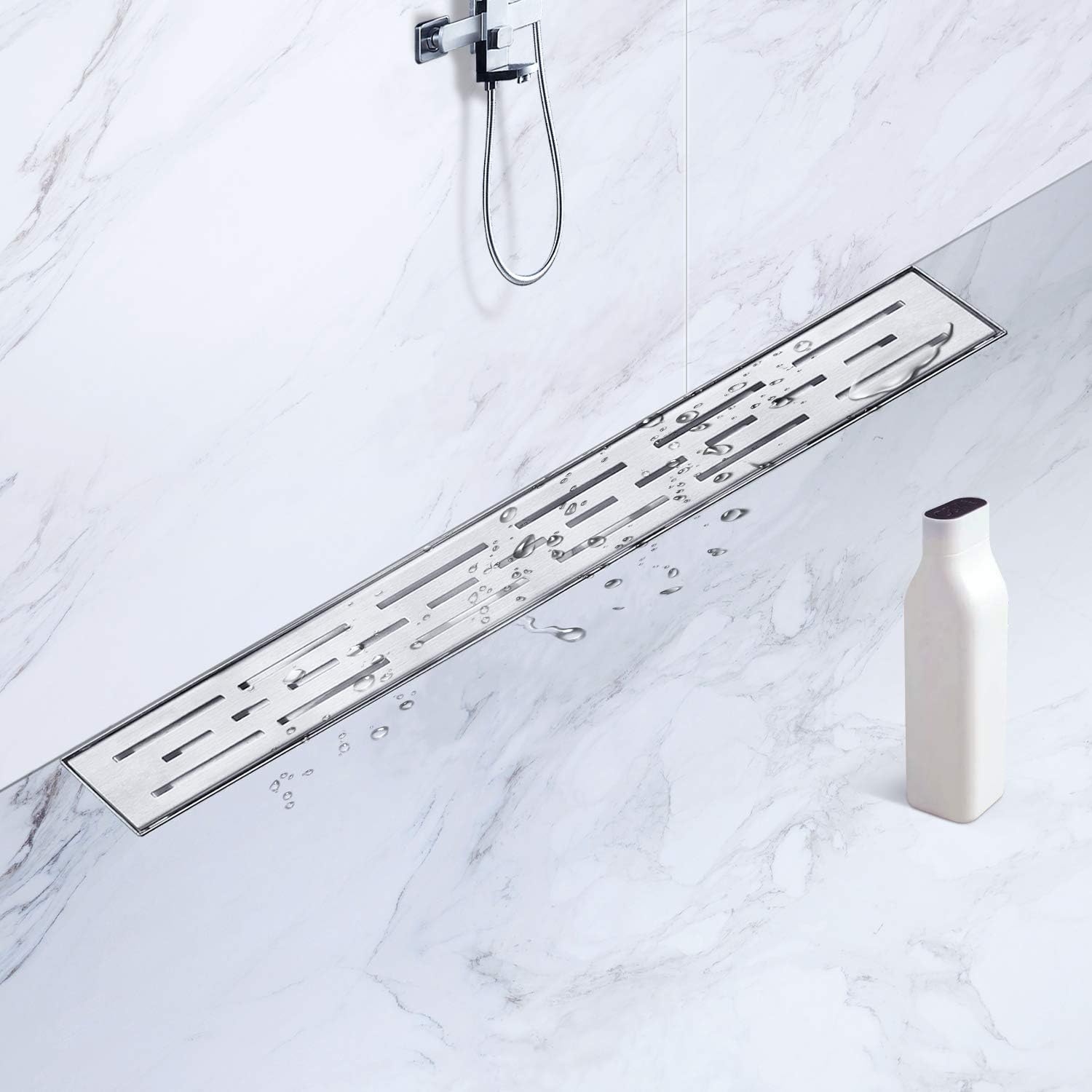 Linear Shower Drain 60 inch with Bar Pattern Grate, Professional Brushed 304 Stainless Steel, High Flow, Hair Catcher Shower Drain&hellip;