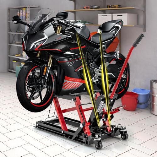Goplus Motorcycle Lift, 1500 LBS Hydraulic ATV Scissor Jack with Footplates & Long Handle, 2 Ratchet Belts, 4 Wheels, 4.7”-15” Lifting Range