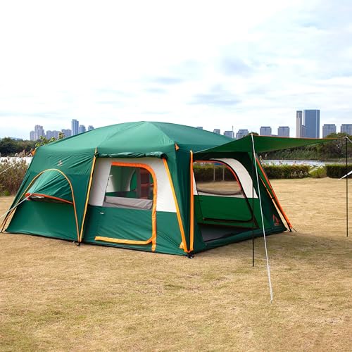 KTT Extra Large Tent 10-12-14 Person(Style-B),Family Cabin Tents,2 Rooms,3 Doors and 3 Windows with Mesh,Straight Wall,Waterproof,Double Layer
