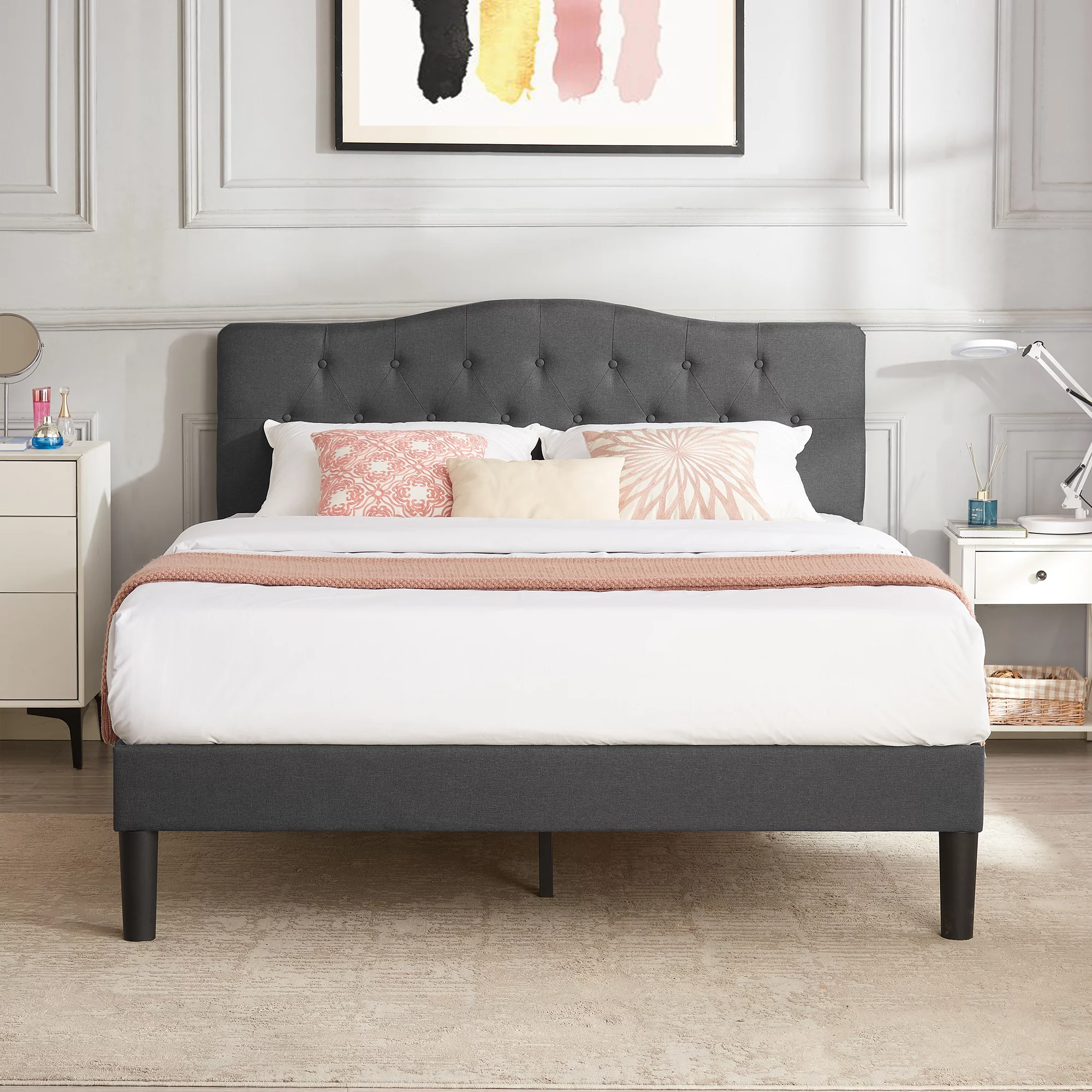 VECELO Queen Bed Frame Upholstered Platform Bed Frame with Diamond Tufted Adjustable Headboard, Wooden Slats Support, No Box Spring Needed, Gray