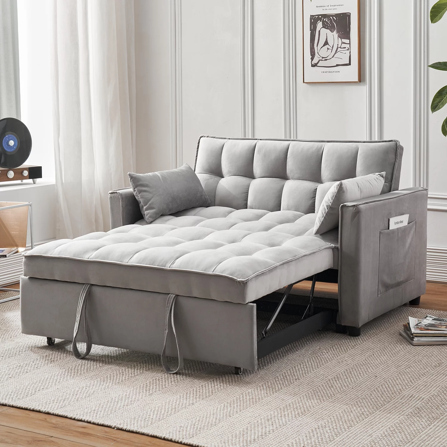 Tzicr 55.5'' 3-in-1 Convertible Sleeper Sofa Bed, Modern Velvet Loveseat Futon Couch Pullout Bed with Adjustable Backrest