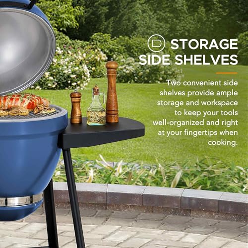 Sunjoy Charcoal Grill 20-Inch Kamado Grill with Pizza Stone, Ultimate Outdoor BBQ Egg Grill and Smoker with Wheels, Navy