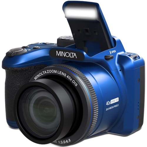 MINOLTA MN40Z 20 Mega Pixels 40x Optical Zoom Digital Camera with 1080p FHD Video (Purple) Bundle with 64GB Memory Card + Vlog Tripod + 4xAA Battery