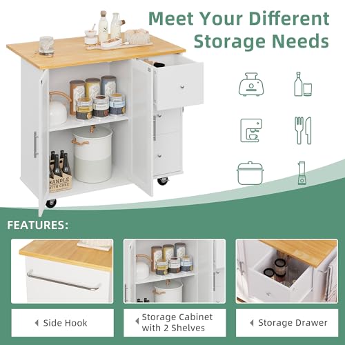 Shintenchi Rolling Kitchen Island Cart with Folding Drop Leaf Breakfast Bar, Portable Trolley Island with Large Storage Cabinet, Shelf and Drawer