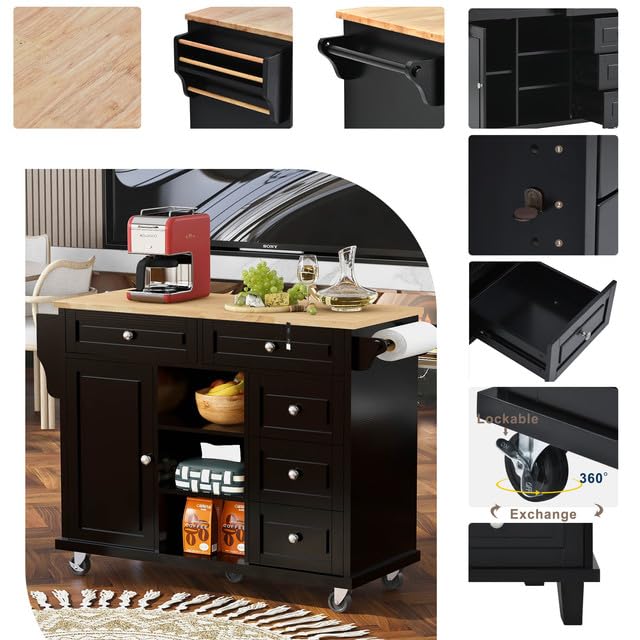 PULLAFUN Kitchen Island Cart with Solid Wood Top, Mobile Carts with Storage Cabinet, Rolling Kitchen Table with Spice Rack, Towel Rack