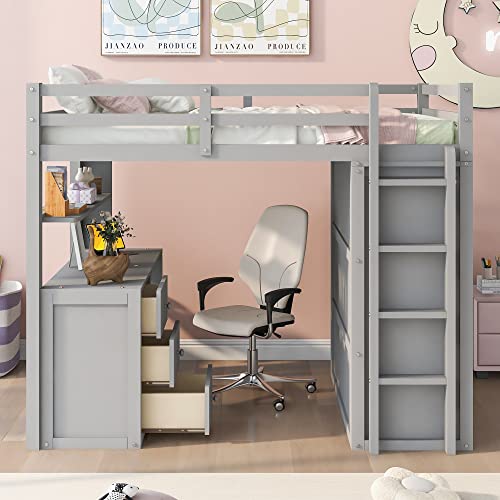 Harper & Bright Designs Full Size Loft Bed with Desk and Wardrobe, Solid Wood Loft Bed Frame with Storage Drawers, for Kids Teens Adults (White)