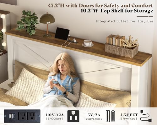 AMERLIFE 47.2" H King Bed Frame with Hidden Space Bookcase Headboard and Charging Station, Beds with 2 Storage Drawers and Wood Slats