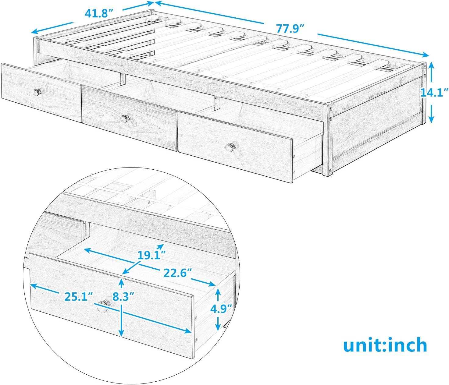 Storage Bed With 3 Drawers, Wood Platform Bed Frame With Storage Drawers, Bed Frame With Wood Slat Support, o Box Sprig eeded,Cherry