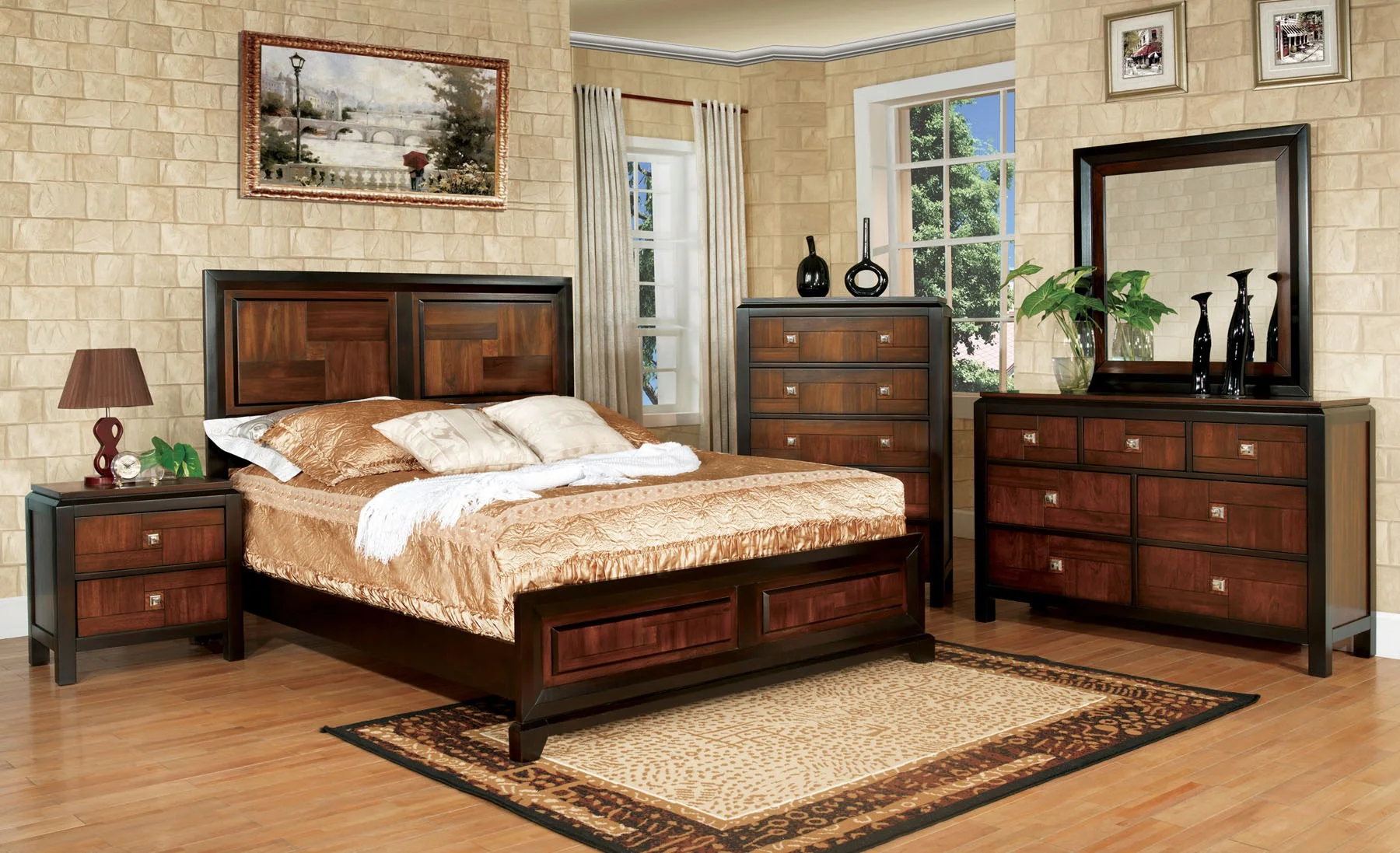 6pc Bedroom Furniture Set Queen Size Bed Dresser Mirror 2x Nightstands Chest Gorgeous Two Tone Walnut Solid wood Acacia