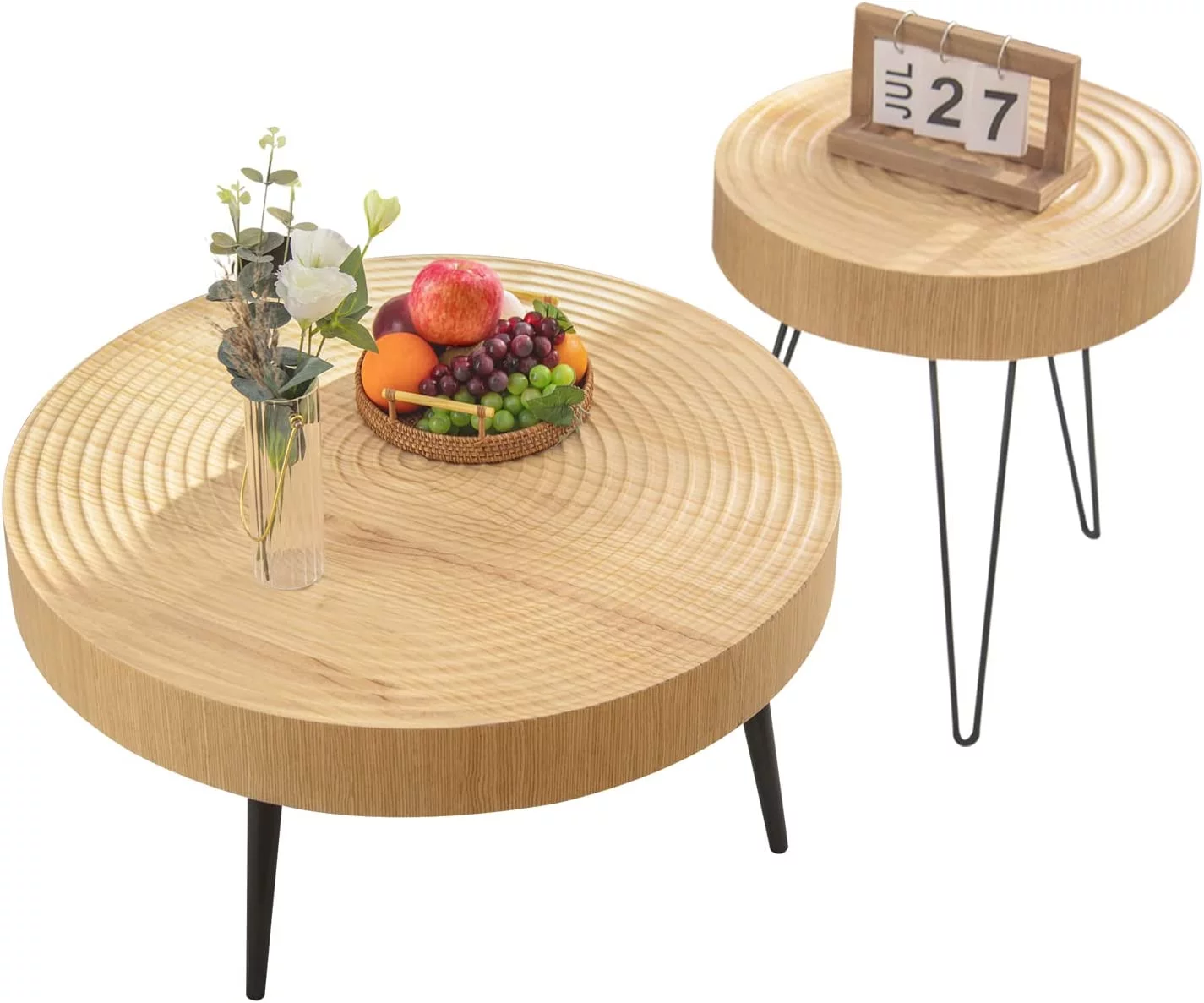 KHBIULIFE 2 Pieces  Round Wood Coffee Table Set  Farmhouse Circle Living Room Table Set of 2  Modern Ring Motif Natural Wood Finish Side and End