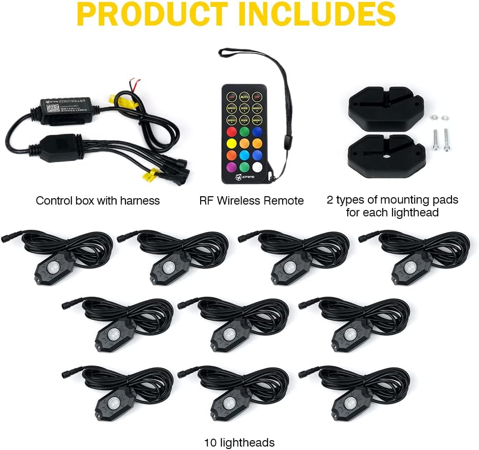 Xprite RGBW LED Rock Lights Kit w/Bluetooth & Wireless Remote Controller, Multicolor Cars Underglow, Whee Well, Footwell Neon Light Kits