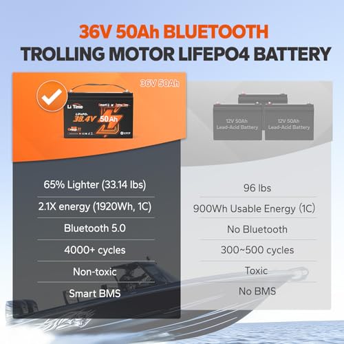 LiTime 36V 50Ah Trolling Motor Bluetooth Low-Temp Protection LiFePO4 Battery Buit in 50A BMS