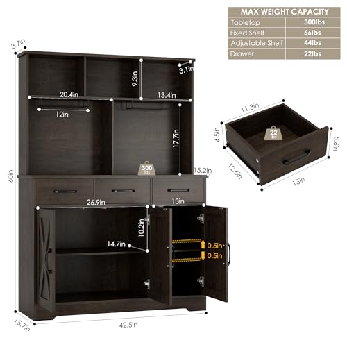 HOSTACK Buffet Cabinet with Hutch, Modern Farmhouse Kitchen Buffet Sideboard Storage Cabinet with 3 Drawers, Barn Door Coffee Bar Station
