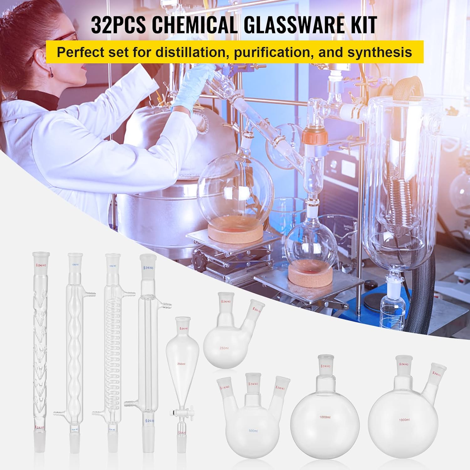 VEVOR New Laboratory Glassware 24/40 Chemistry Glassware 32PCS Chemistry Lab Glassware Kit 250 1000ml for Distillations Separation Purification