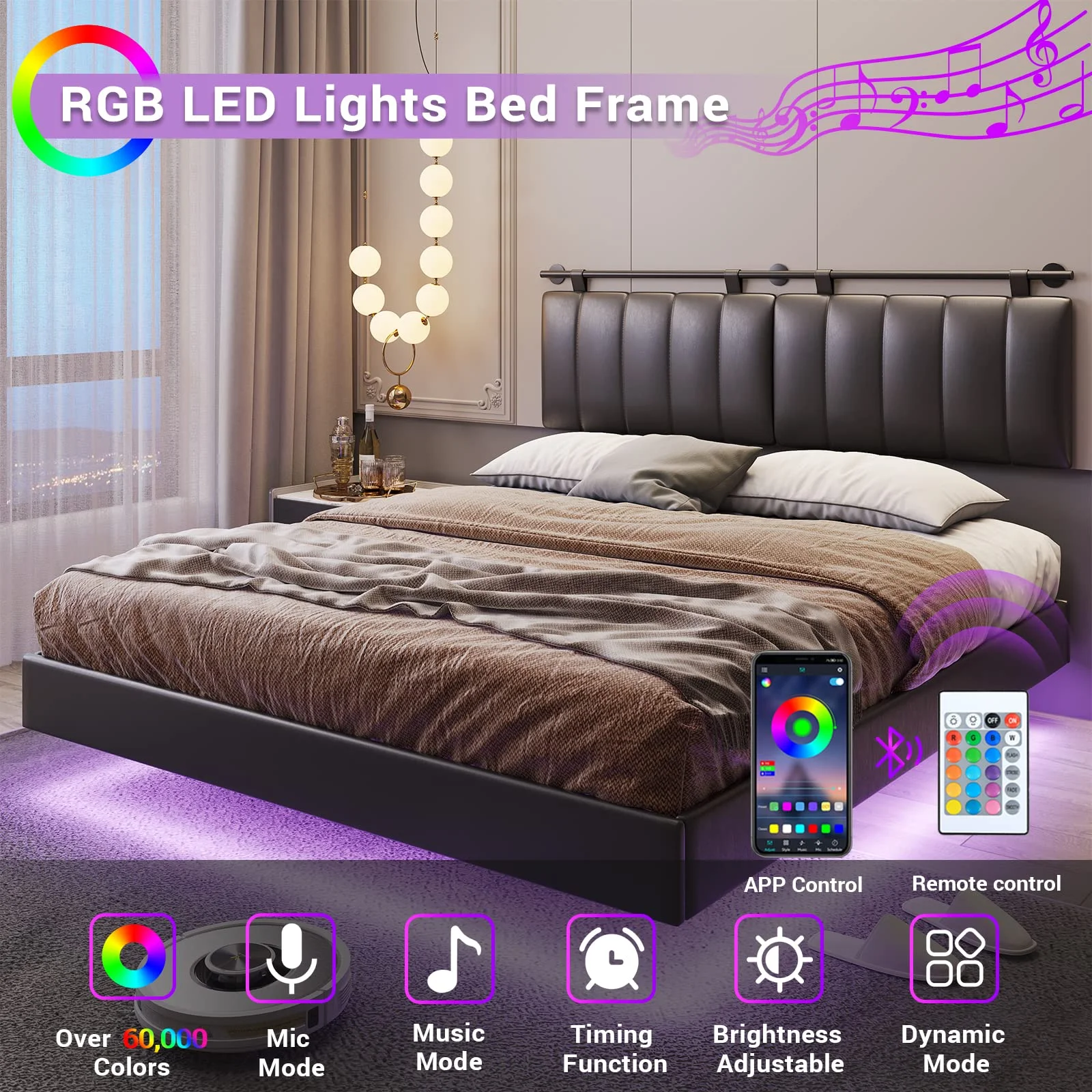 Afuhokles LED Floating Queen Bed Frame with Wall Mounted Headboard and Led Lights, Platform Bed Frame with Upholstered Headboard, Faux Leather Fabric