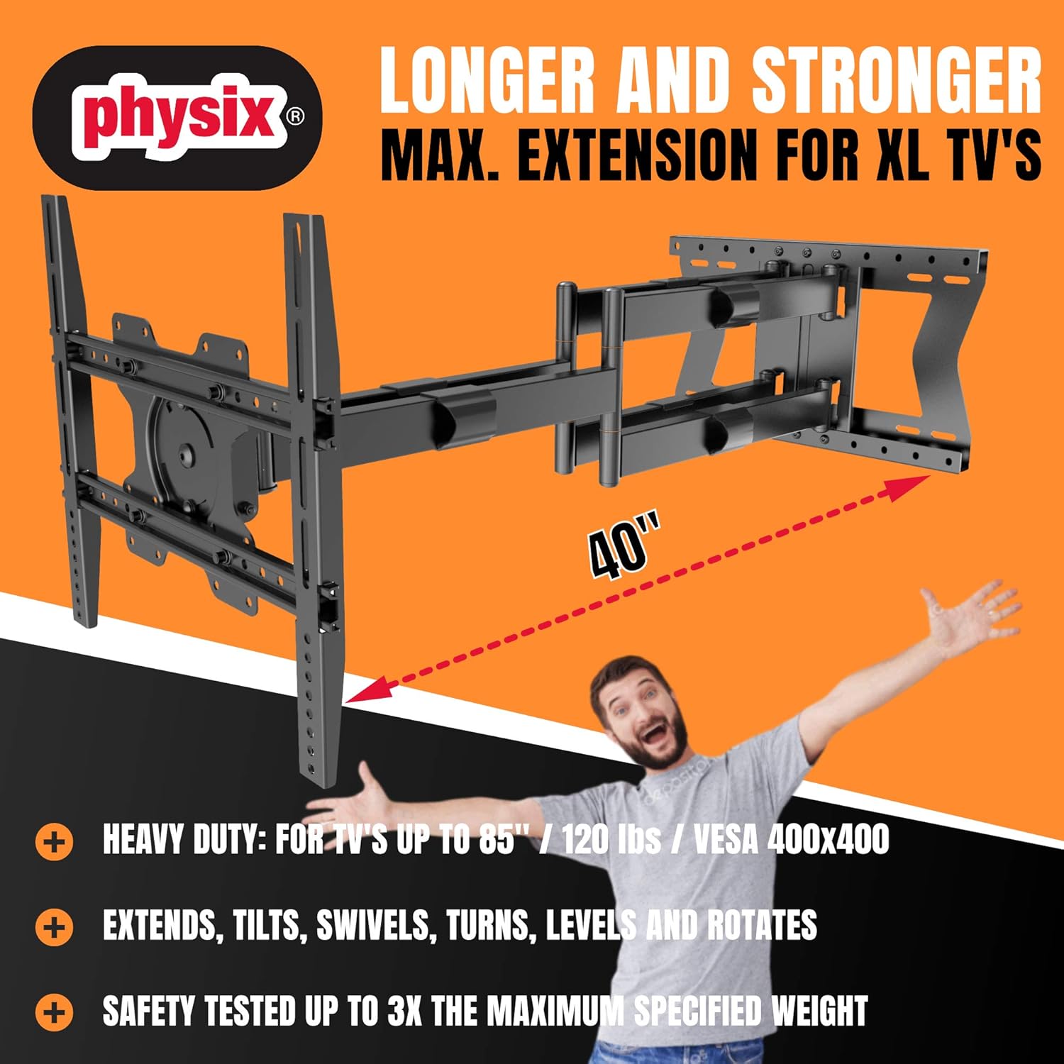 Physix 4100 Long arm TV Wall Mount for 32-85 inch Screens Extra Long Extension up to 40 inch Heavy-Duty TV Mount Holds up to 120 lbs Full-Motion