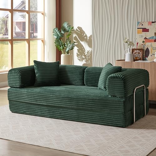 81" Foldable Convertible Sleeper Sofa Bed with Fixed-Shape Frame , Fluffy Corduroy Upholstered Folding Mattress Couch with Cylindrical Pillow