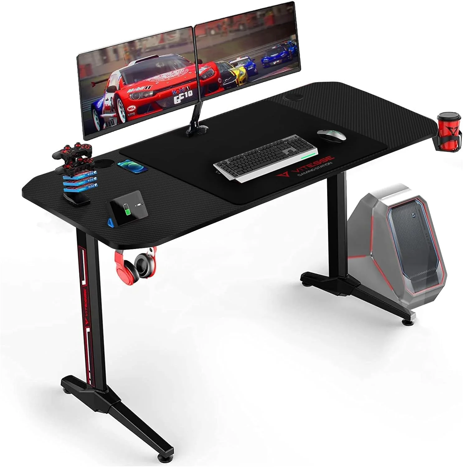 Waleaf Ergonomic Gaming Desk 55 Inch, T Shaped Office PC Computer Desk with Full Desk Mouse Pad, Gamer Tables with Gaming Handle Rack