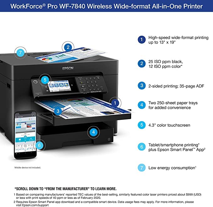 Epson Workforce Pro WF-78 Series Wireless All-in-One Inkjet Printer, Wide-Format Printing up to 13" x 19", Auto Duplex Print, Copy Scan Fax