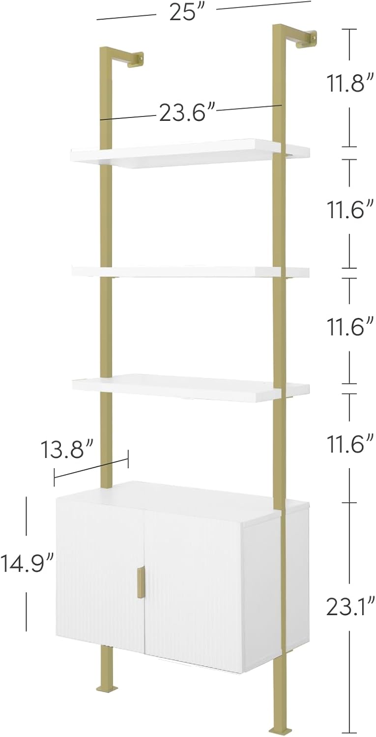 Nathan James Theo Mid-Century Modern Bookcase with Cabinet Fluted Texture, White Open Shelves and Brass Metal Frame Living Room, Home Office Storage