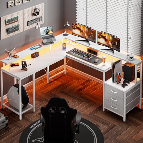 L Shaped Gaming Desk with LED Lights and Power Outlets, Computer Desk with Drawers, 66.1 Inches Corner Desk