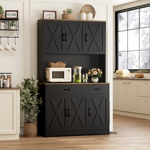 HOSTACK 71" Pantry Cabinet with Charging Station, Tall Kitchen Pantry Storage Cabinet with Microwave Stand