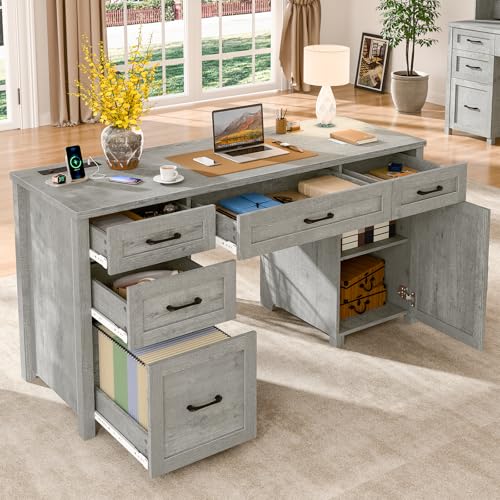 Farmhouse 61'' Executive Desk with 5 Drawers, Rustic Office Desk Computer Desk with Charging Station, File Drawers and Storage Cabinet