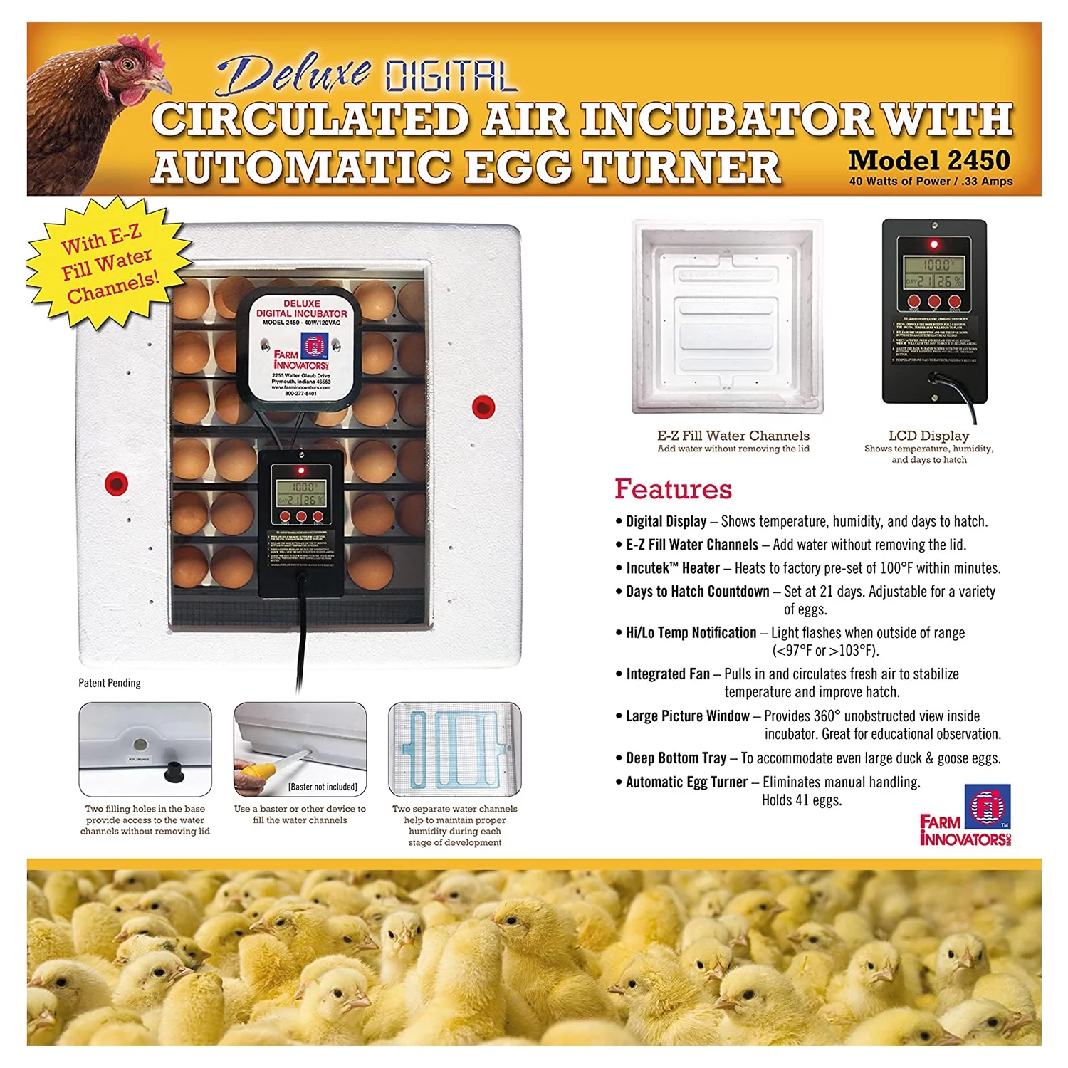 Farm Innovators Heated Digital Circulated Air Incubator with Egg Turner, White - Radiant Selections