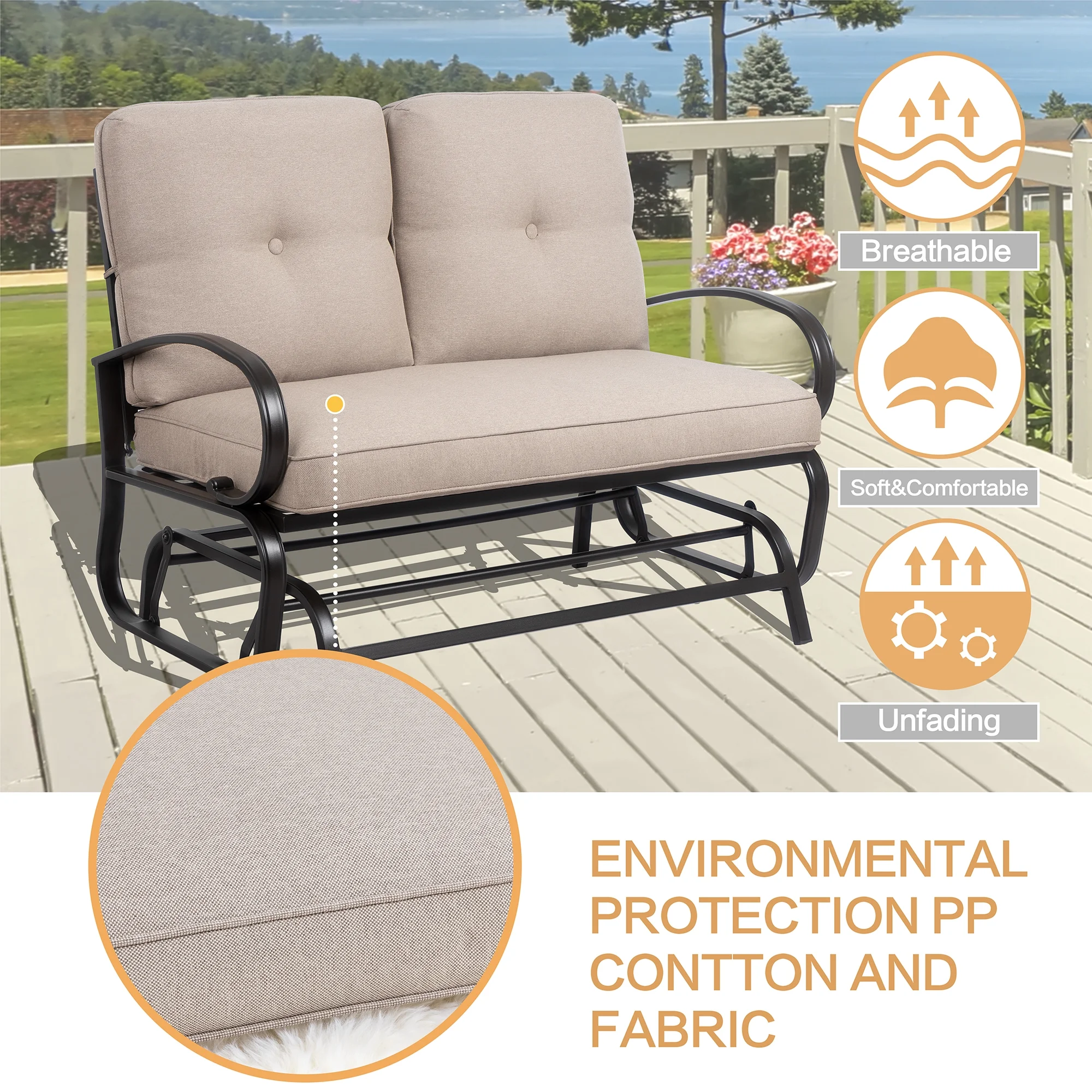 Outdoor Patio Metal Swing Glider Rocking Bench,Garden Loveseat Porch Furniture Glider, Steel Frame Chair Set with Cushion khaki - Radiant Selections