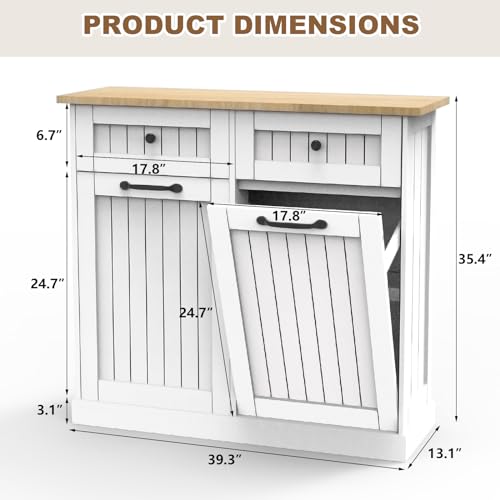 HTK Double Tilt Out Trash Cabinet – Farmhouse Hidden Trash Can Kitchen Cabinet, Space-Saving Design, Additional Storage, Fits 2x10 Gallon Bins
