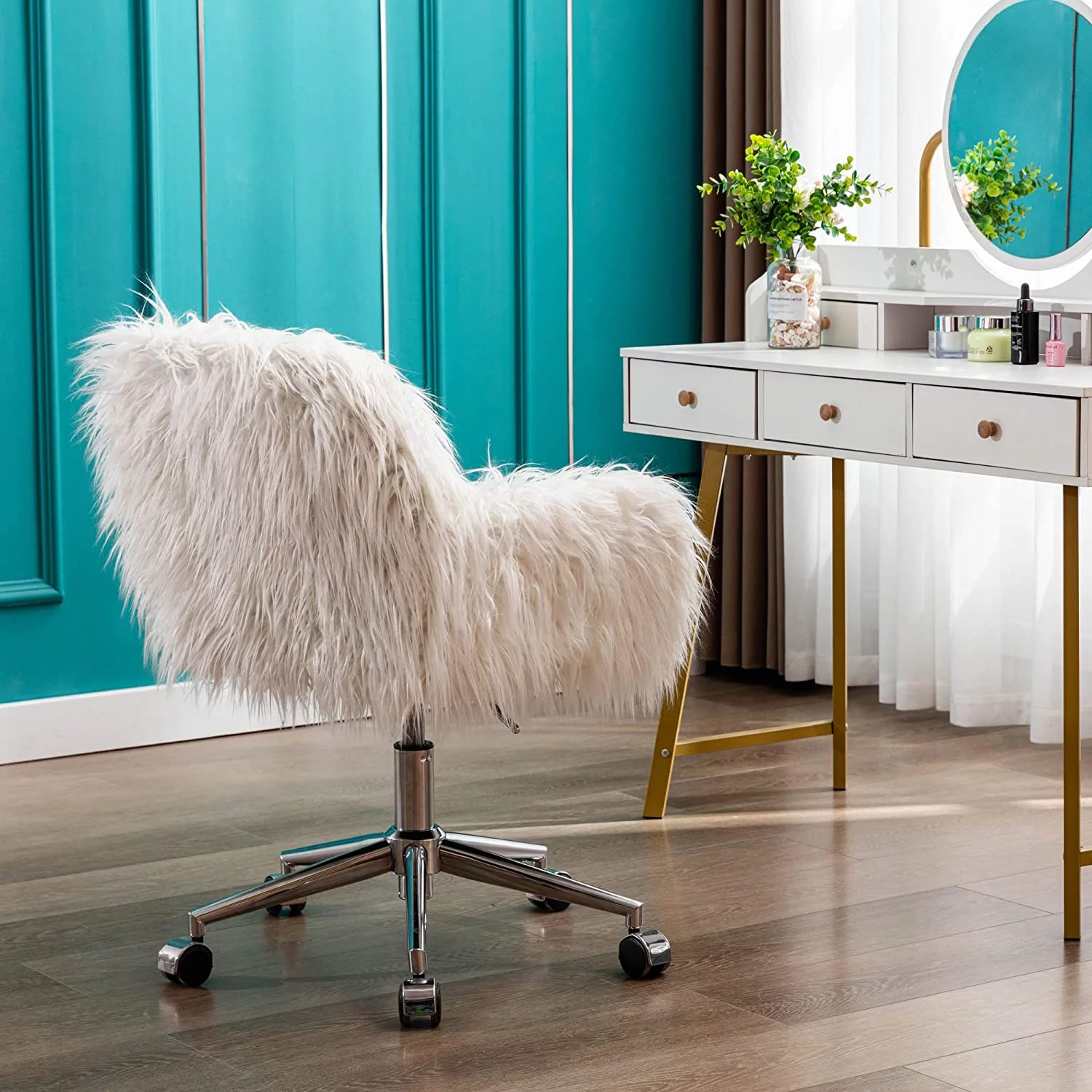 White Vanity Chair Faux Fur Swivel Home Office Desk Chair, Soft Fluffy Chair For Bedroom For Girls, Makeup Vanity Chair With Back