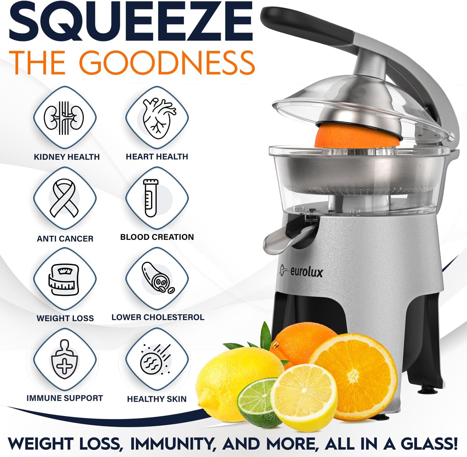 Eurolux Die Cast Stainless Steel Electric Citrus Juicer Squeezer, for Orange, Lemon, Grapefruit | 300 Watts of Power