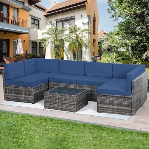 U-MAX 7 Piece Outdoor Patio Furniture Set, PE Rattan Outdoor Wicker Sectional Furniture Chair Set with Cushions and Tea Table