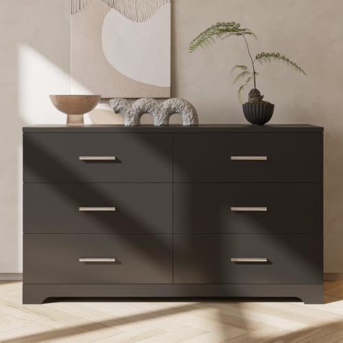 6 Drawer Dresser for Bedroom, Black Dresser Chest of Drawers, Wooden Bedroom Dresser TV Stand, Large Dresser Storage Chest with Deep Drawers