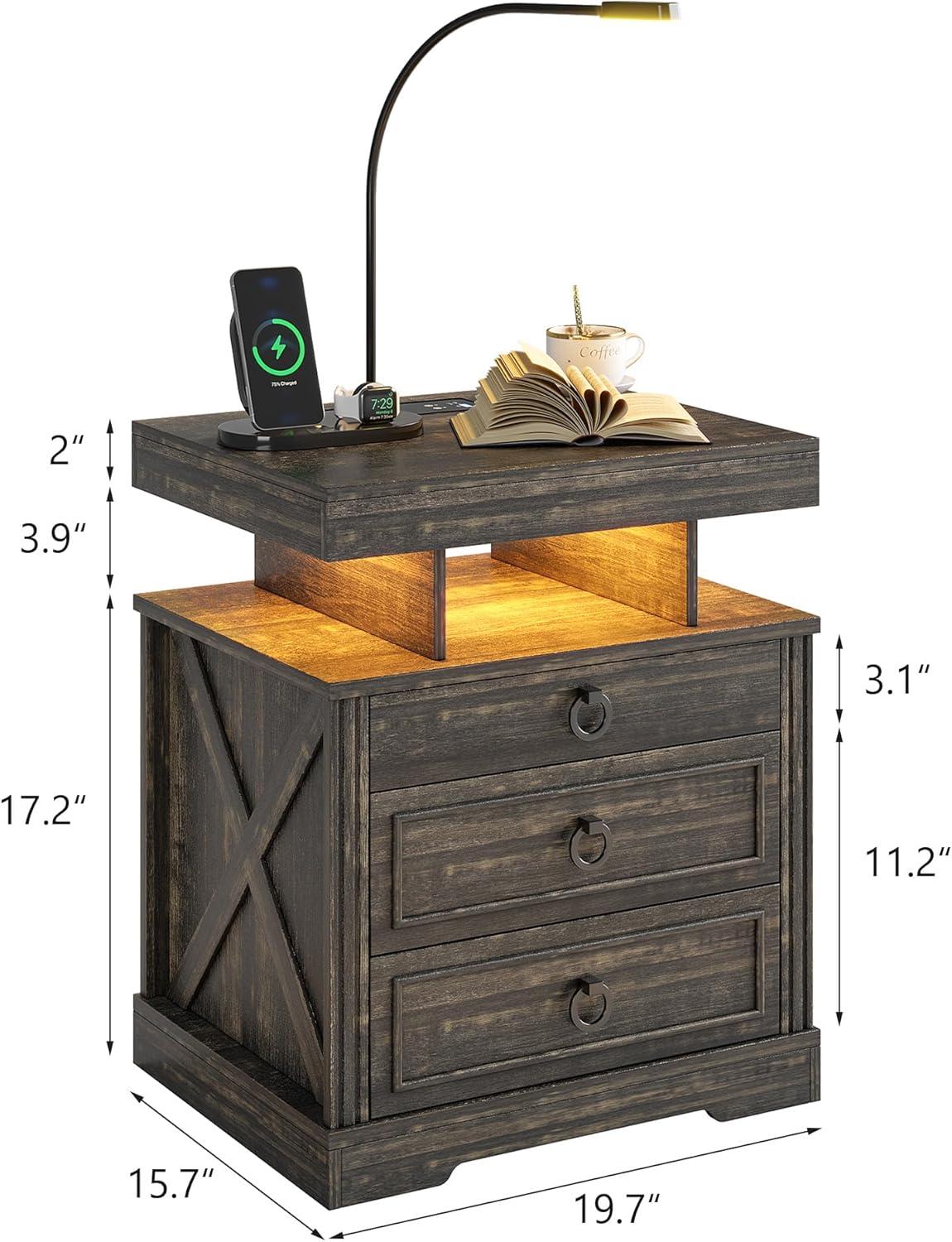 HNEBC Nightstand Side Table with Gun Case,Night Stand with Wireless Charging Station, Farmhouse Bedside Table with 2 Drawers