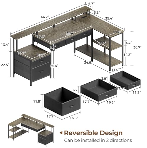 Seventable L Shaped Desk with File Drawers, 64" Home Office Desk with Power Outlet & LED Lights, Reversible Gaming Desk with Printer Storage Shelves