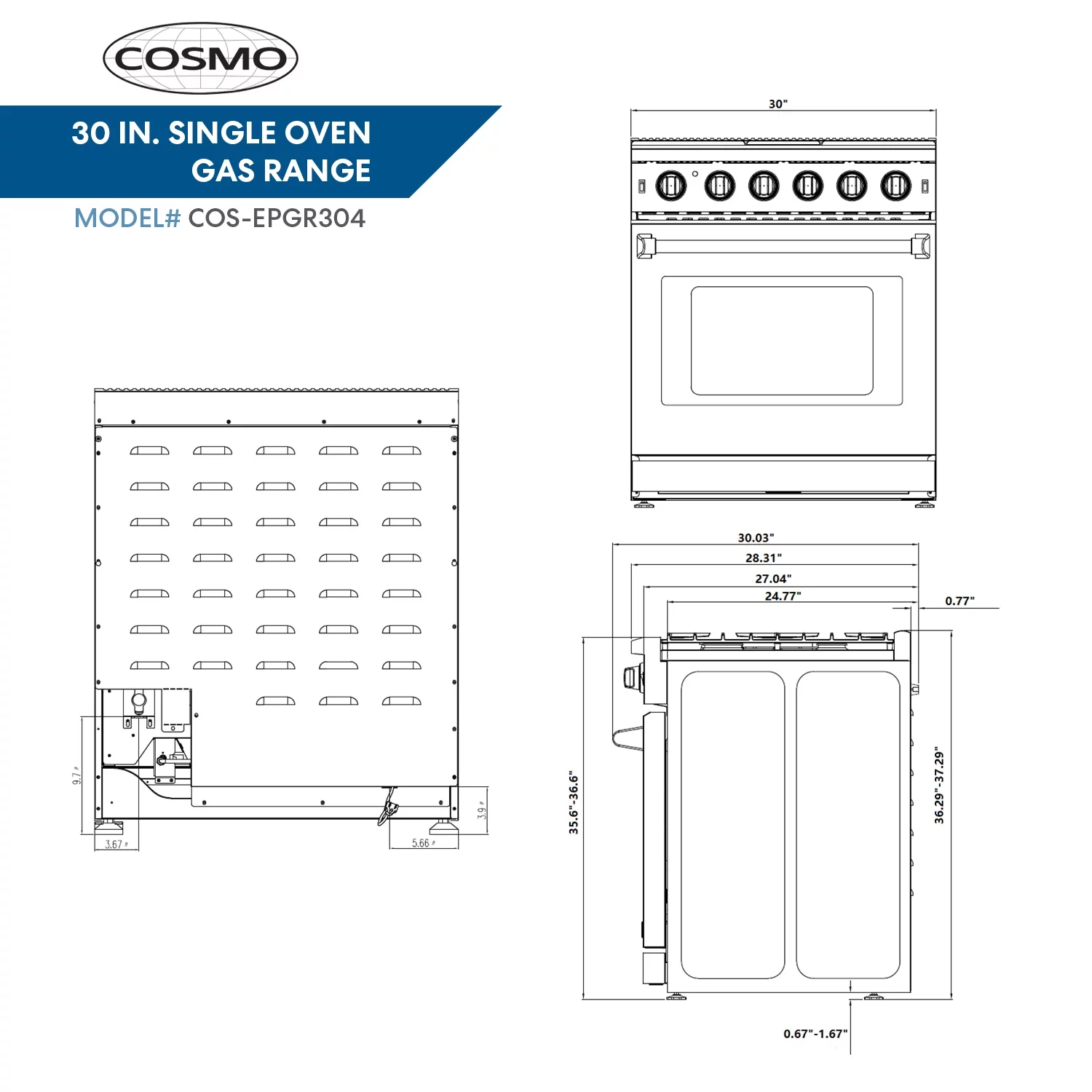 Cosmo 30 Inch 4.5 Cubic Foot Gas Range Convection Oven with 5 Italian Burners