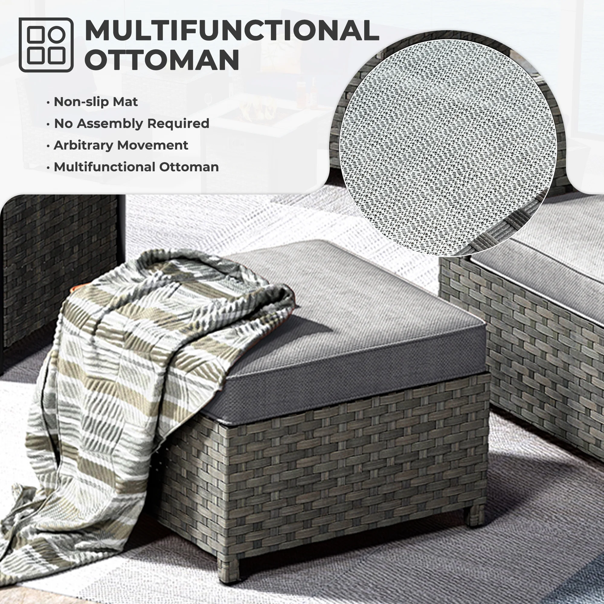 HOOOWOOO Wicker Sectional Patio Set 10 Pieces Outdoor Conversation furniture Set with Sofa Chairs Ottoman Gas Fire Pit Swivel Rocking Chairs,Grey
