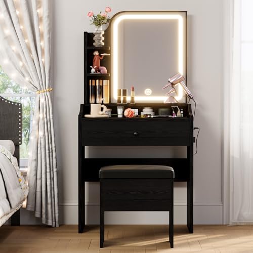 LIKIMIO Small Makeup Vanity Desk with Mirror and Lights, Vanity Table Set with Storage Drawer, Chair and Three Shelves, Bedroom, White