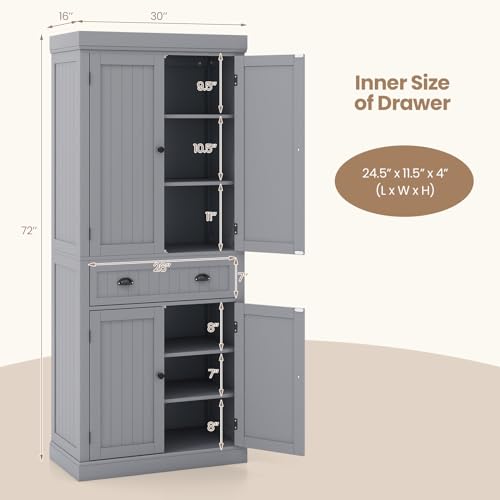 Tangkula 72" H Kitchen Pantry Cupboard Cabinet, Traditional Freestanding Large Tall Storage Cabinet with 2 Cabinets and Drawer, Adjustable Shelves