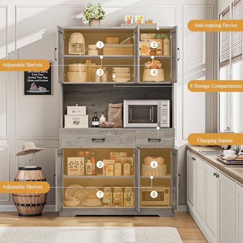HOSTACK 71" Pantry Cabinet with Charging Station, Tall Kitchen Pantry Storage Cabinet with Microwave Stand