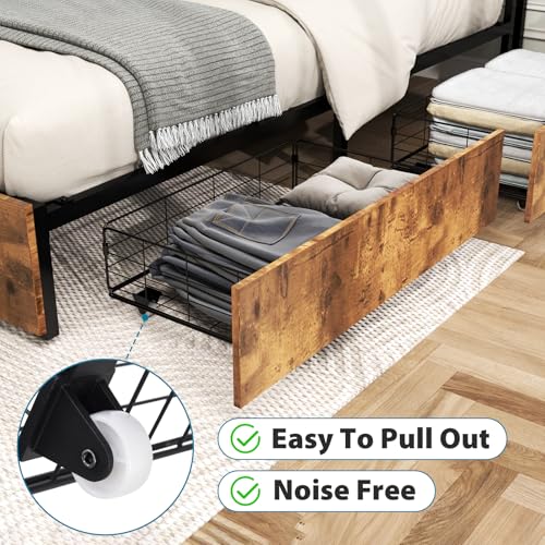 Queen Size Bed Frame with 4 Storage Drawers, LED Platform Bed with Headboard, Built in Charging Station, Noise Free, Stable and Solid