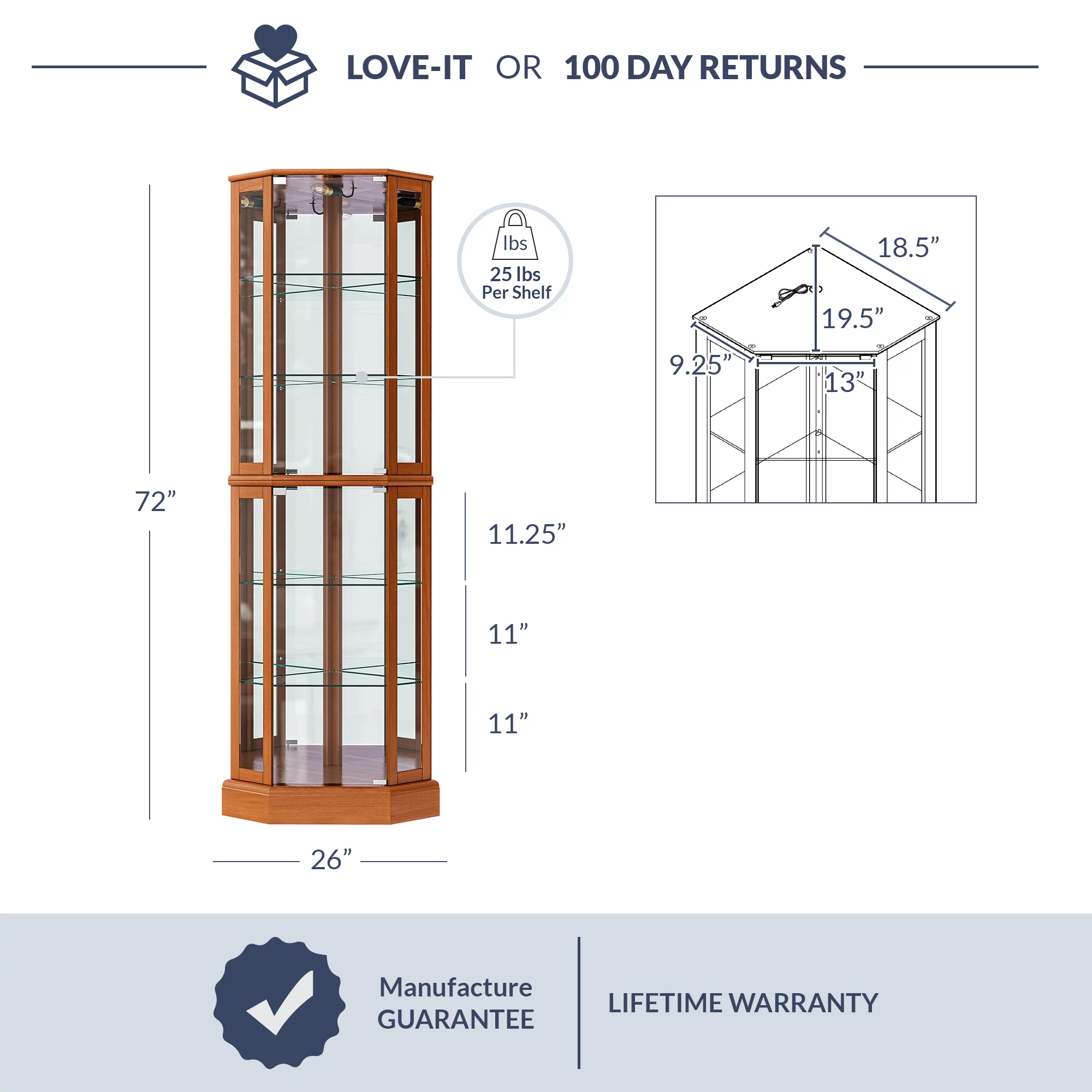 BELLEZE Lighted Curio Cabinet Corner Display Case for Living Room, China Hutch with Tempered Glass Doors and Shelves, Wooden Accent Cabinet