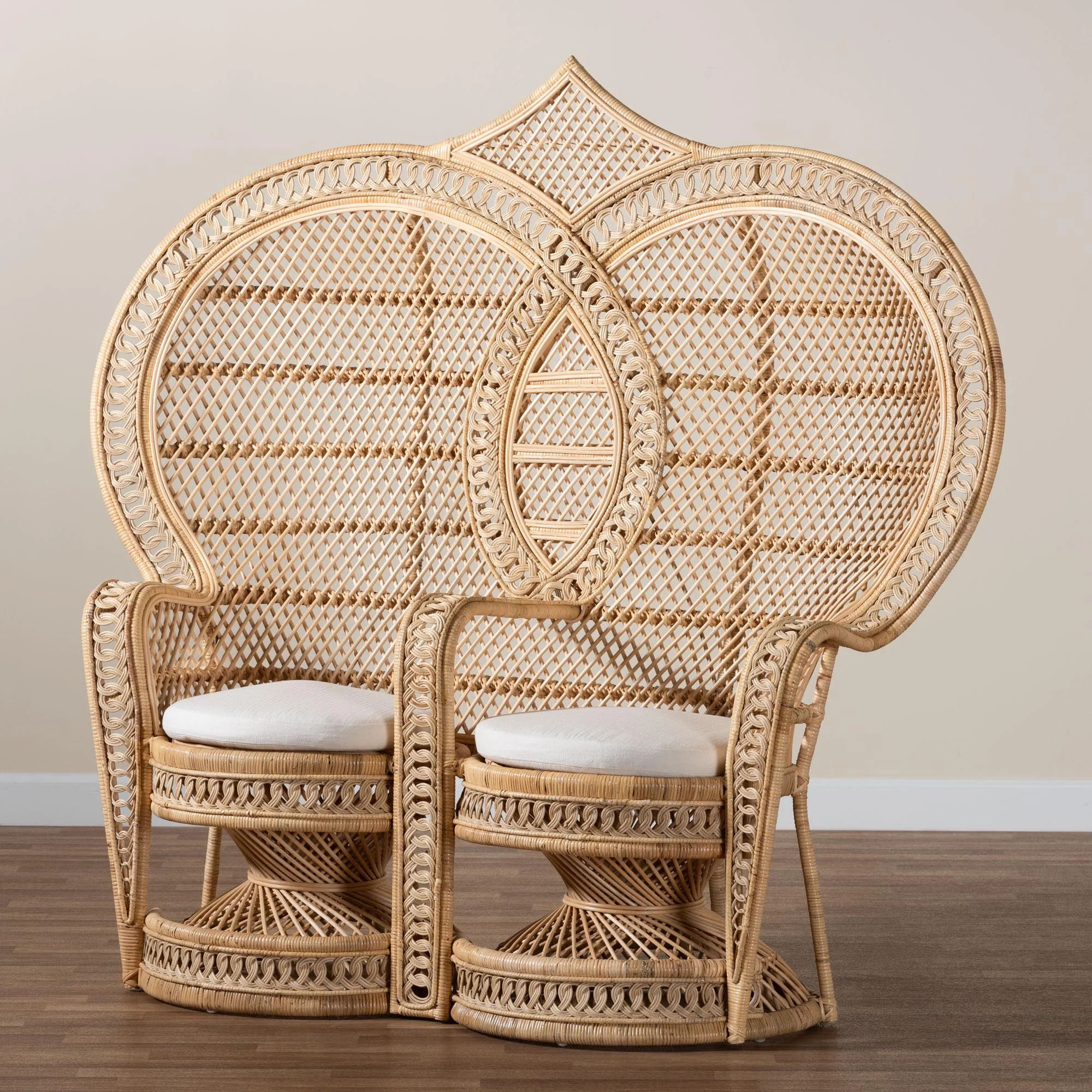 bali & pari Nerita Rattan BOHO Two-Seater Peacock Chair, Natural Brown