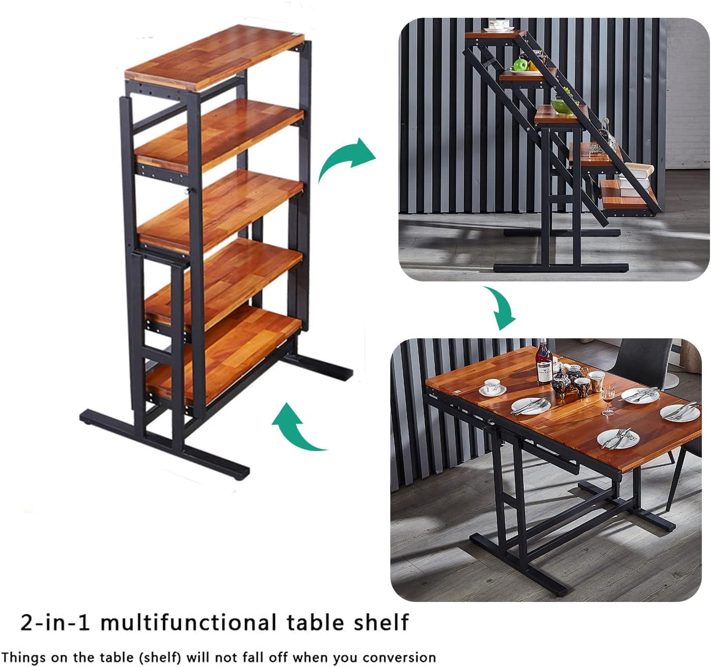 Goujxcy Convertible 2 in 1 Shelf to Table, Convertible Shelf Table, Solid Wood Dining Table＆Metal Display Bookshelf Stand for Small Spaces