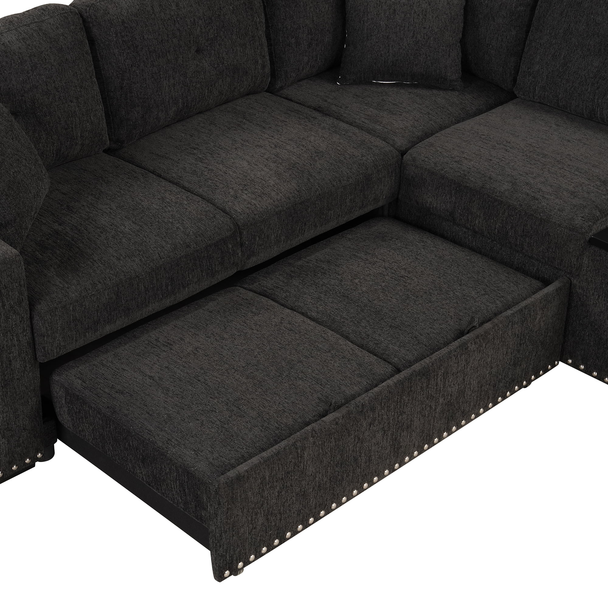 Reversible Sectional Pull-Out Sofa Bed L-Shaped Corner with Storage Chaise, Black